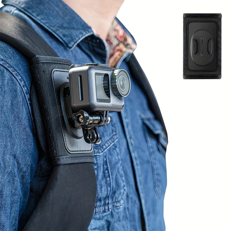 Front view of backpack shoulder strap with 360° quick-release mount (GoPro installed)