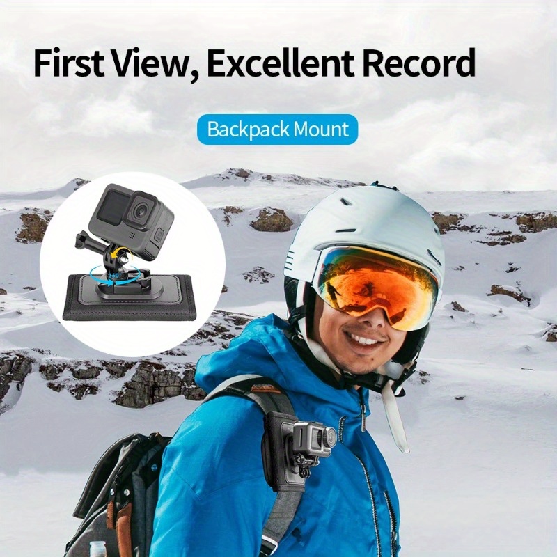 Backpack shoulder strap mounted on backpack with DJI Action 2 attached