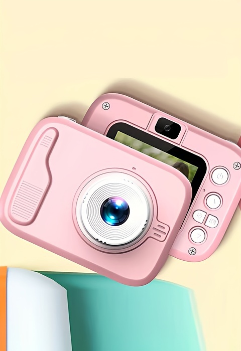 2-inch camera toy, gift for boys and girls, 2MP front & rear cameras with flash, pink model detail view 2