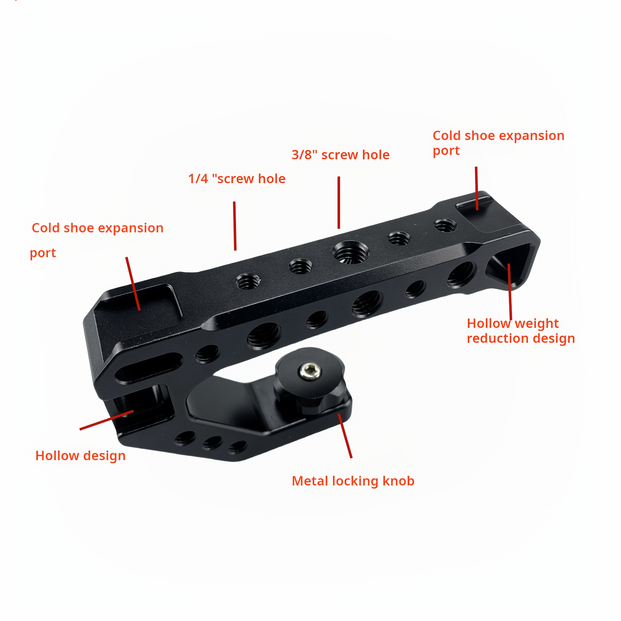Aluminum DSLR Camera Top Handle — Side view showing hollow-core structure and Arca-Swiss dovetail interface