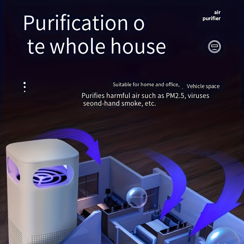 USB Air Purifier in bedroom setting — placed on a nightstand near the bed