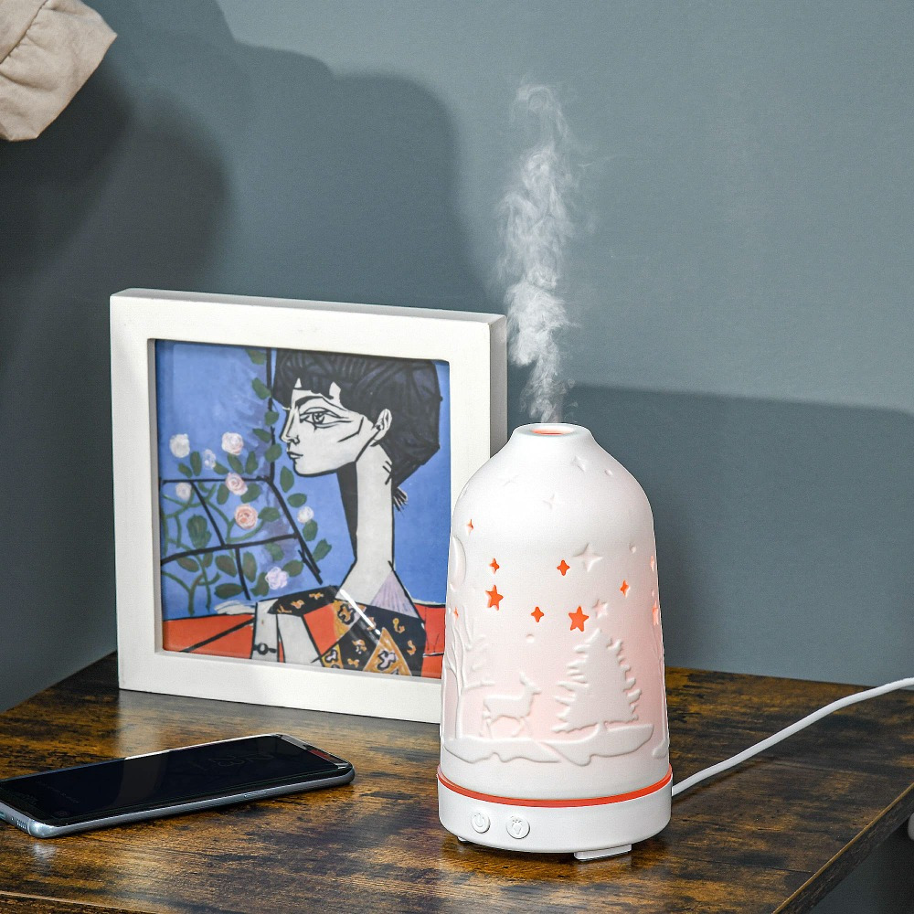 Front view of white 100 mL ultrasonic aromatherapy humidifier with ceramic housing and LED indicator light