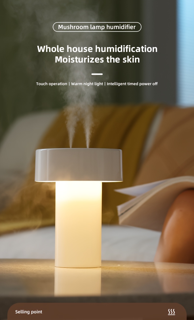 Whisper-silent humidifier with night light, top-fill design, USB port, touch controls—front view