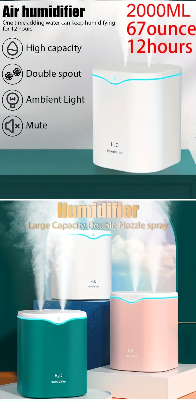 2L USB Portable Dual-Mist Quiet Aromatherapy Humidifier with Night Light and Auto-Shutoff, Ideal for Home & Travel 0