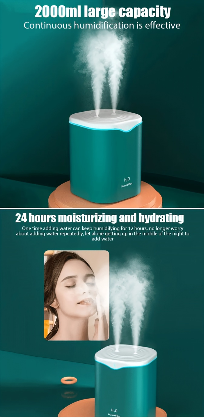 2L USB Portable Dual-Mist Quiet Aromatherapy Humidifier with Night Light and Auto-Shutoff, Ideal for Home & Travel 1