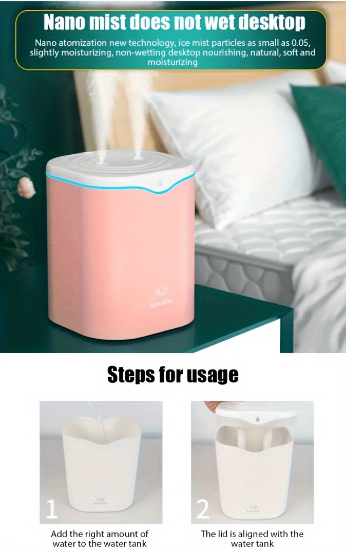 2L USB Portable Dual-Mist Quiet Aromatherapy Humidifier with Night Light and Auto-Shutoff, Ideal for Home & Travel 3
