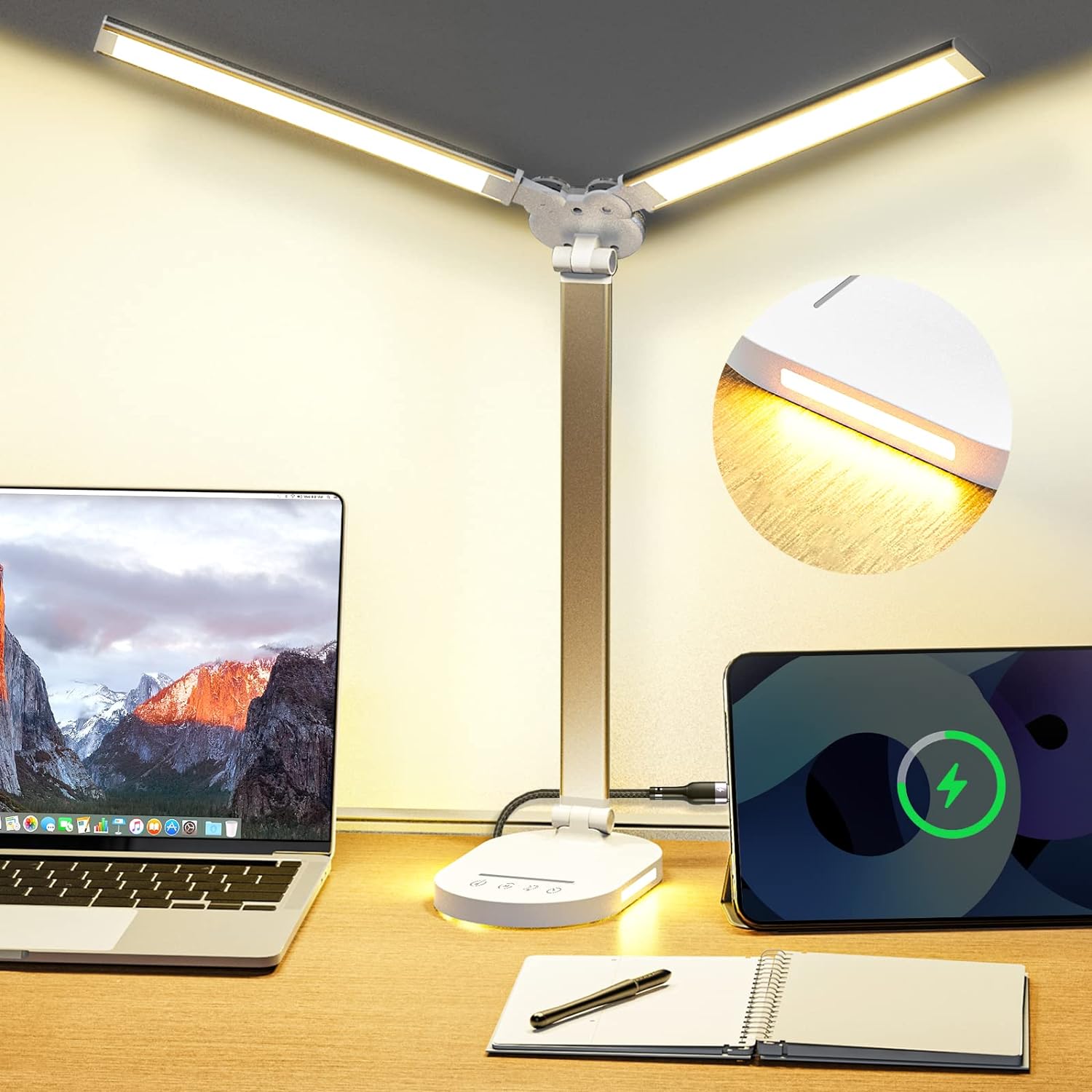 Front view of dual-arm desk lamp showing touch base and two-segment adjustable arms