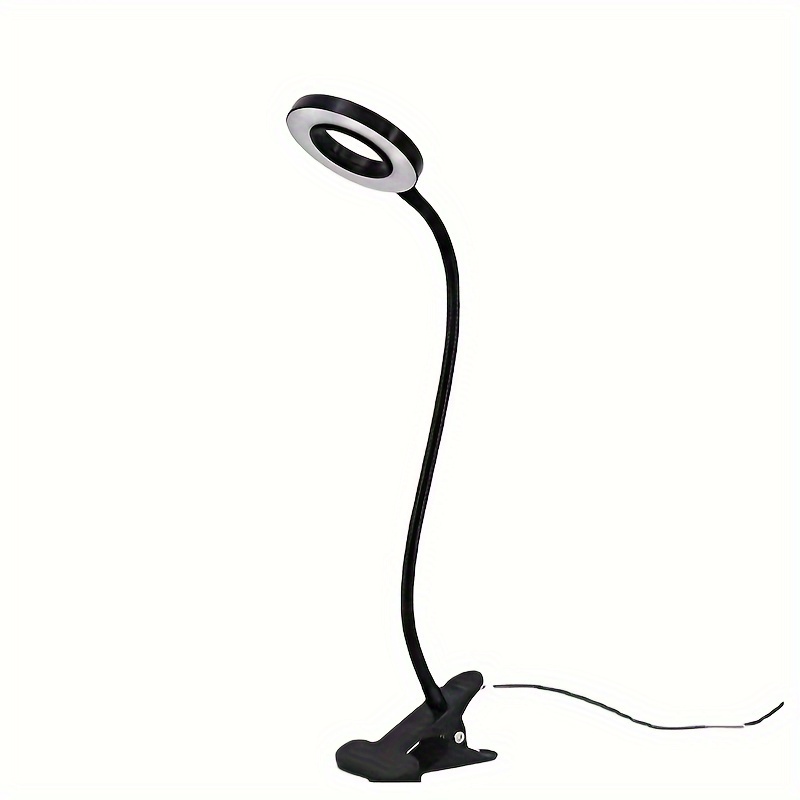 Dimmable LED reading lamp with clamp — front view showing flexible goose-neck arm and bell-shaped shade