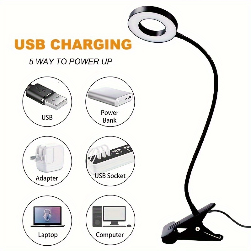 Dimmable LED reading lamp with clamp — side view highlighting clamp mechanism and extended goose-neck positioning