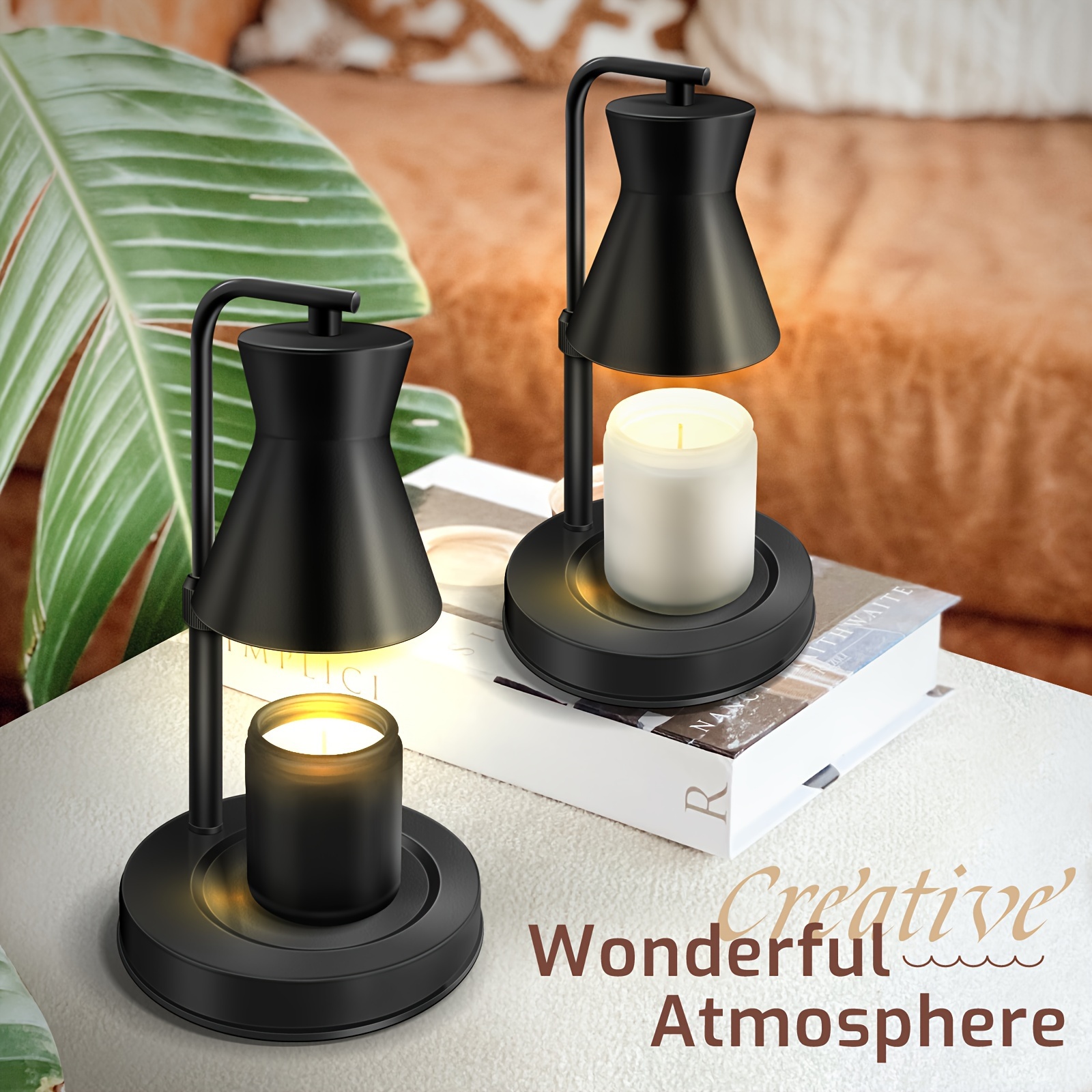 Modern black height-adjustable candle warmer lamp beside a glass jar candle