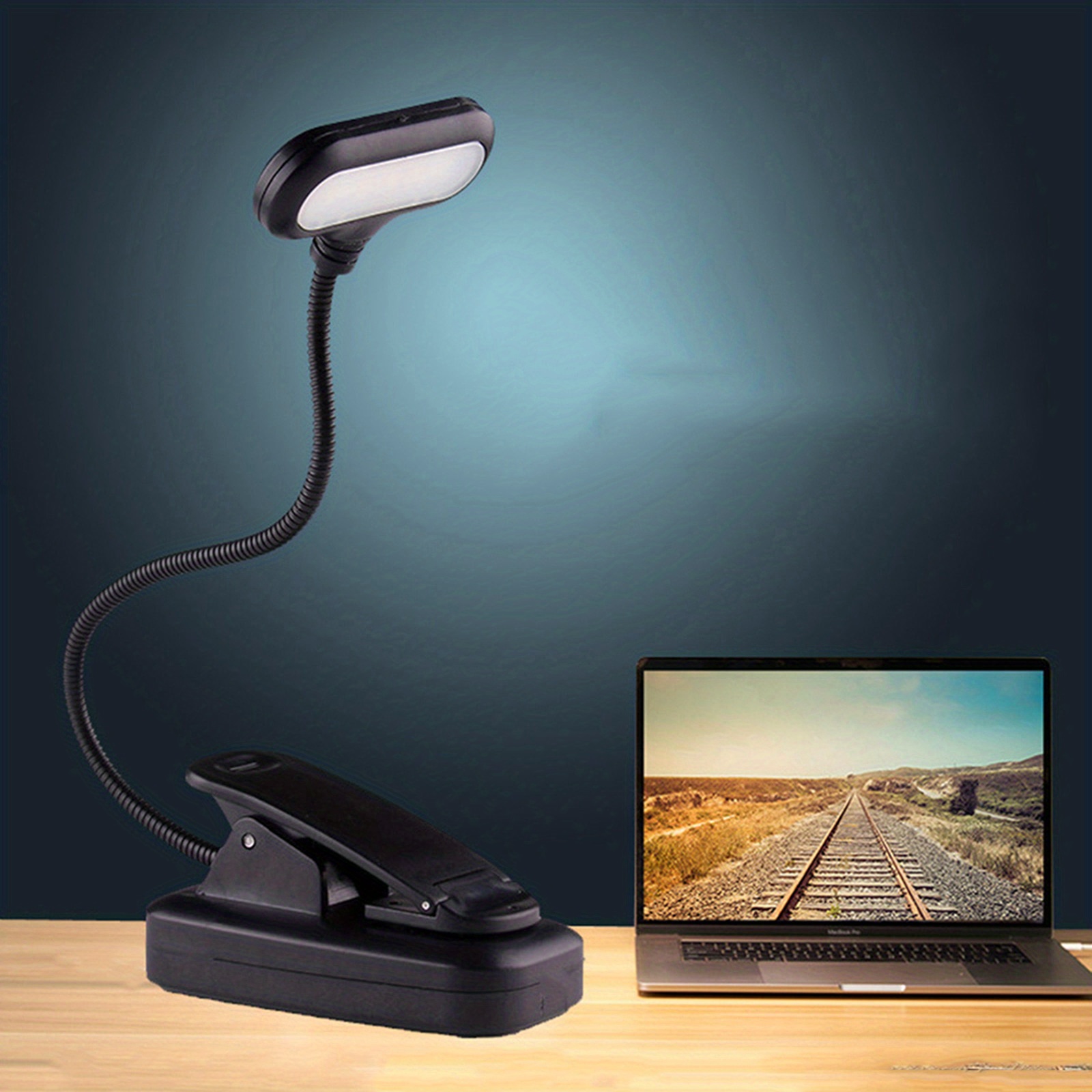 Flexible USB-rechargeable LED clamp-on reading lamp, portable desktop lamp for home and office décor detail view 3