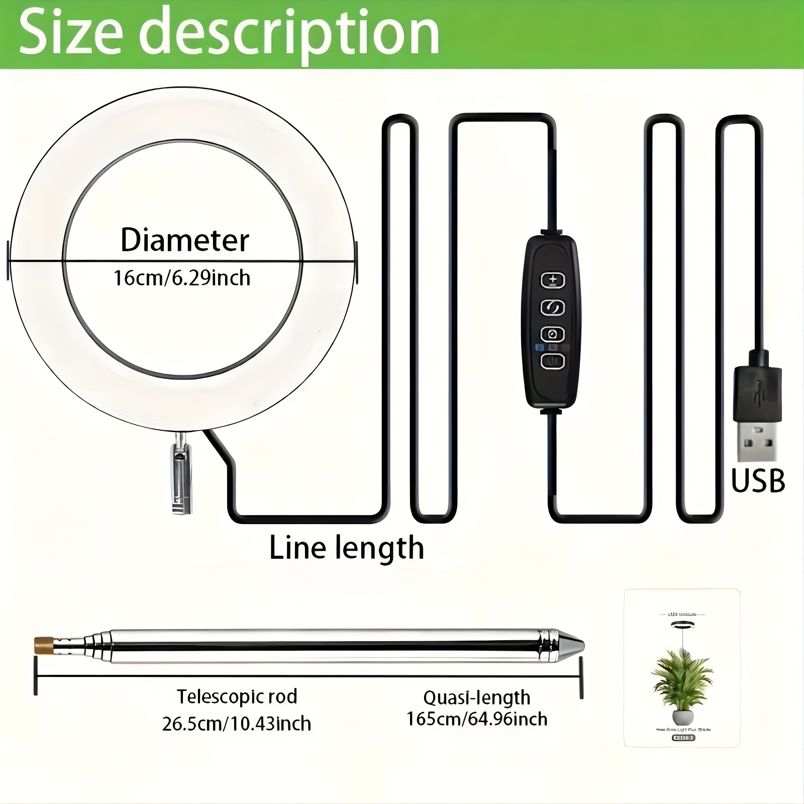 Close-up details: diffused light panel, sturdy clamp base, USB port labeling