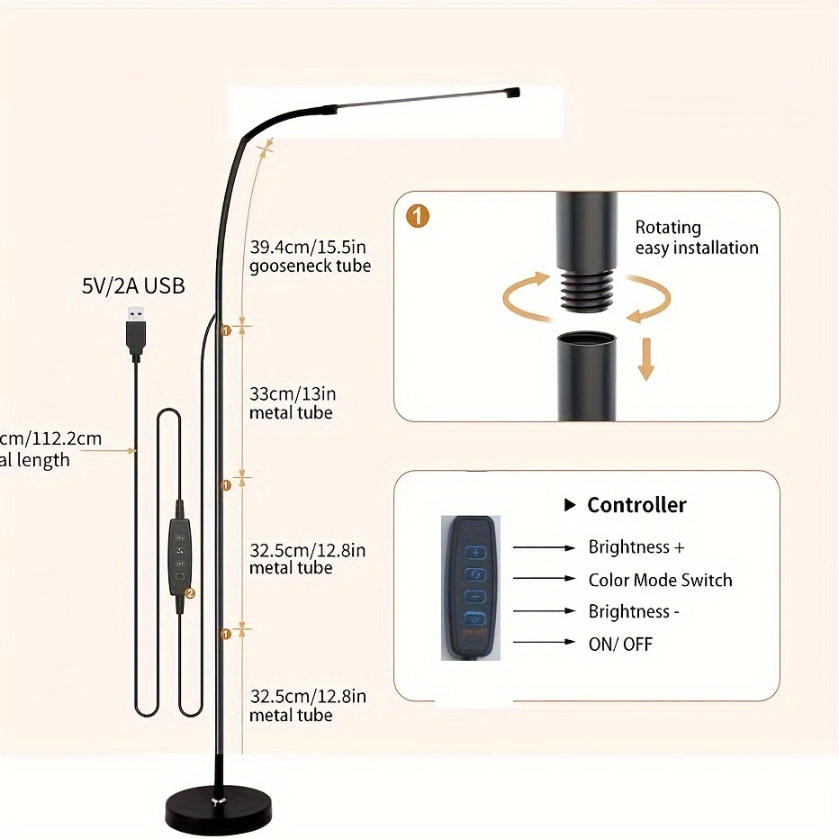 Adjustable Gooseneck LED Floor Lamp — 3 Color Temperatures, 10 Brightness Levels, USB-Powered — Product Detail Image 1