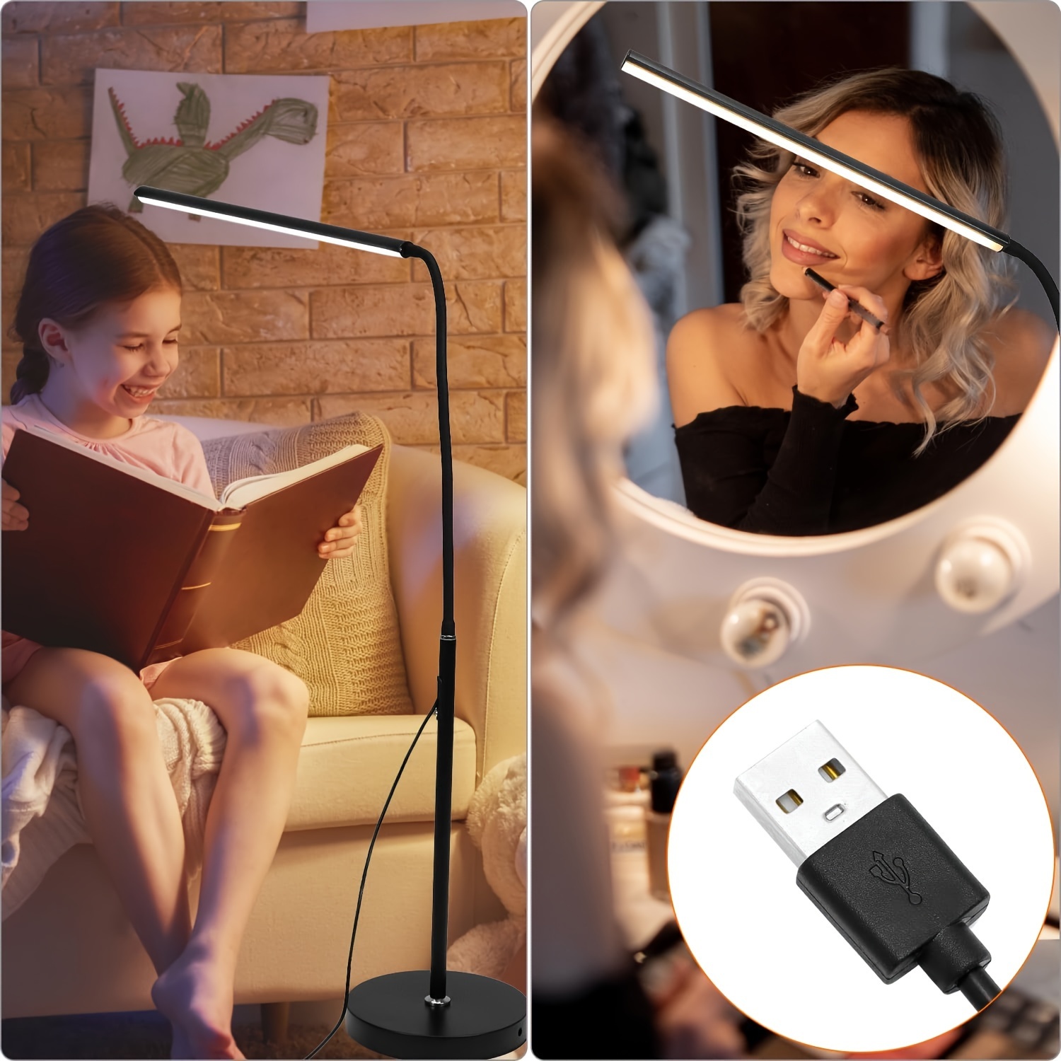 Adjustable Gooseneck LED Floor Lamp — 3 Color Temperatures, 10 Brightness Levels, USB-Powered — Product Detail Image 7