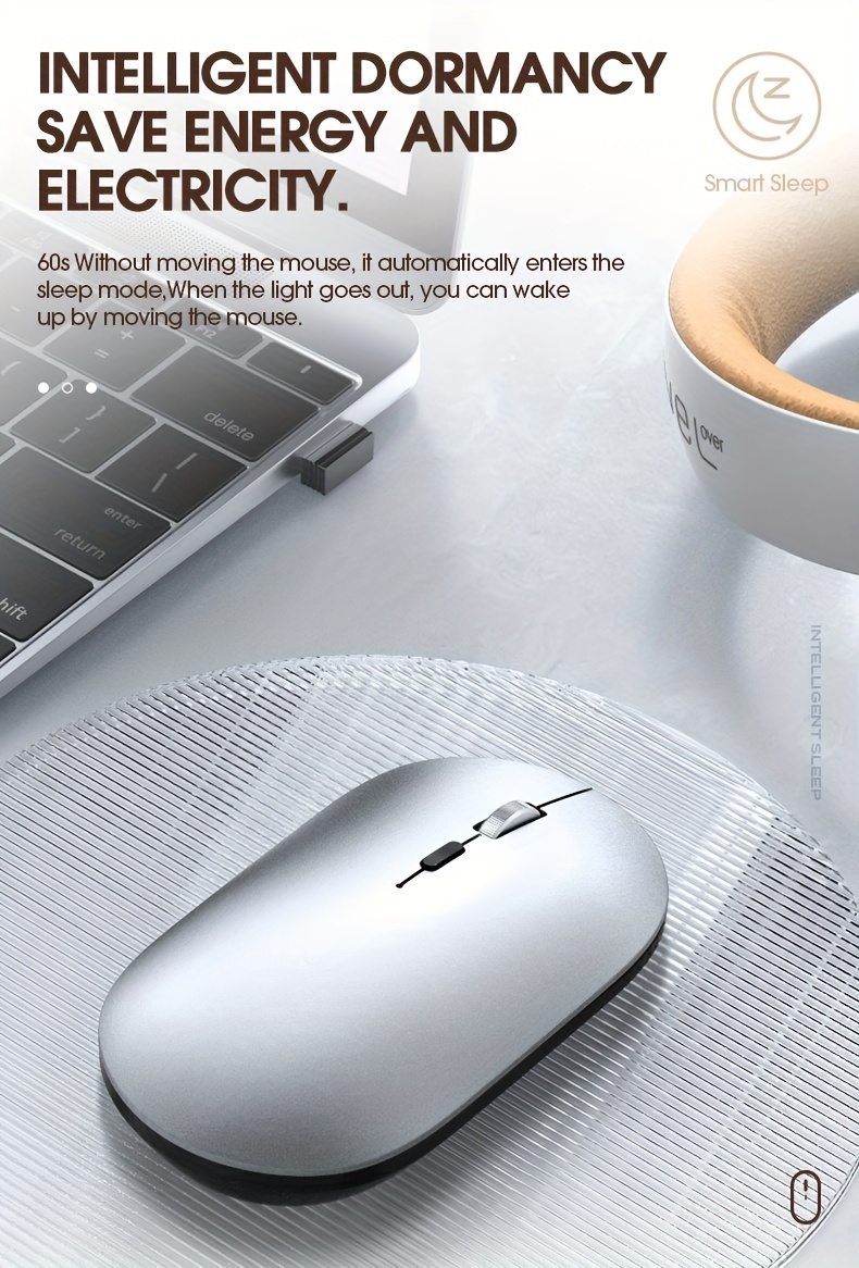 Wireless silent mouse — usage scene: placed on laptop keyboard and desk environment