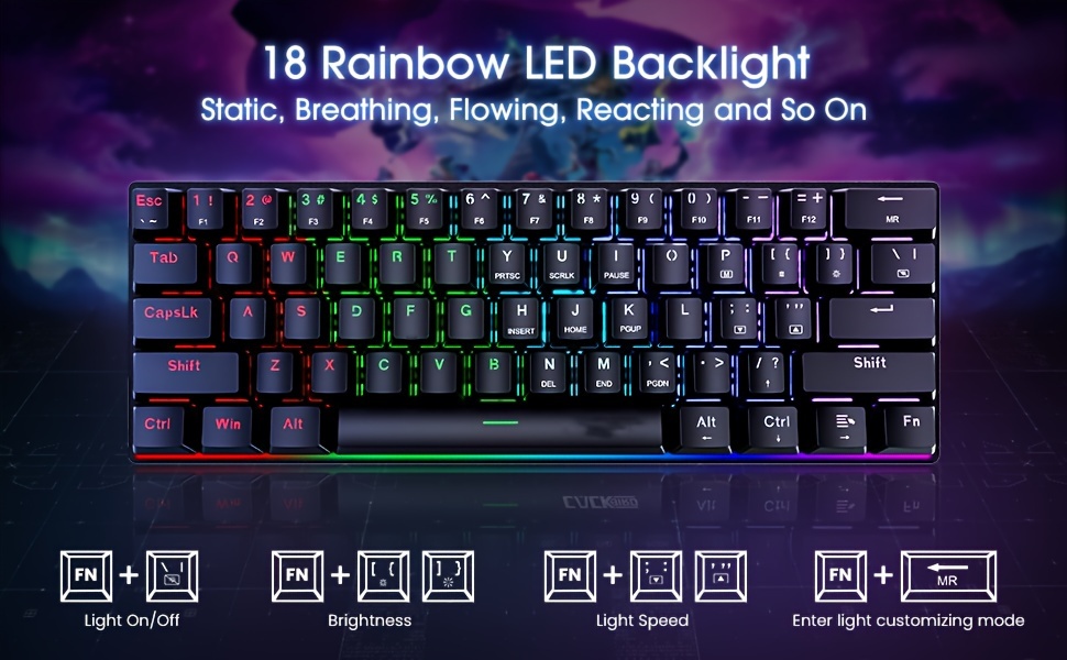 Portable 60% mechanical gaming keyboard — front view, black, compact layout