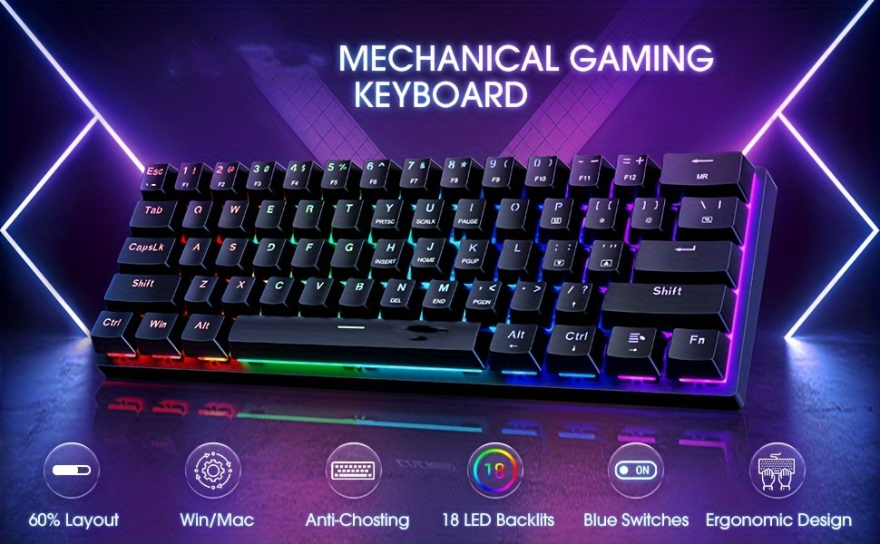 Portable 60% mechanical gaming keyboard — real-life RGB backlight effect