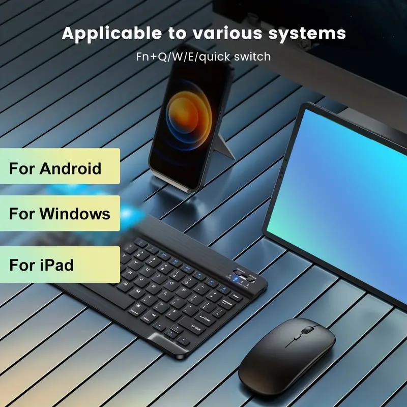 Ultra-slim keyboard and mouse set in use on an iPad and laptop