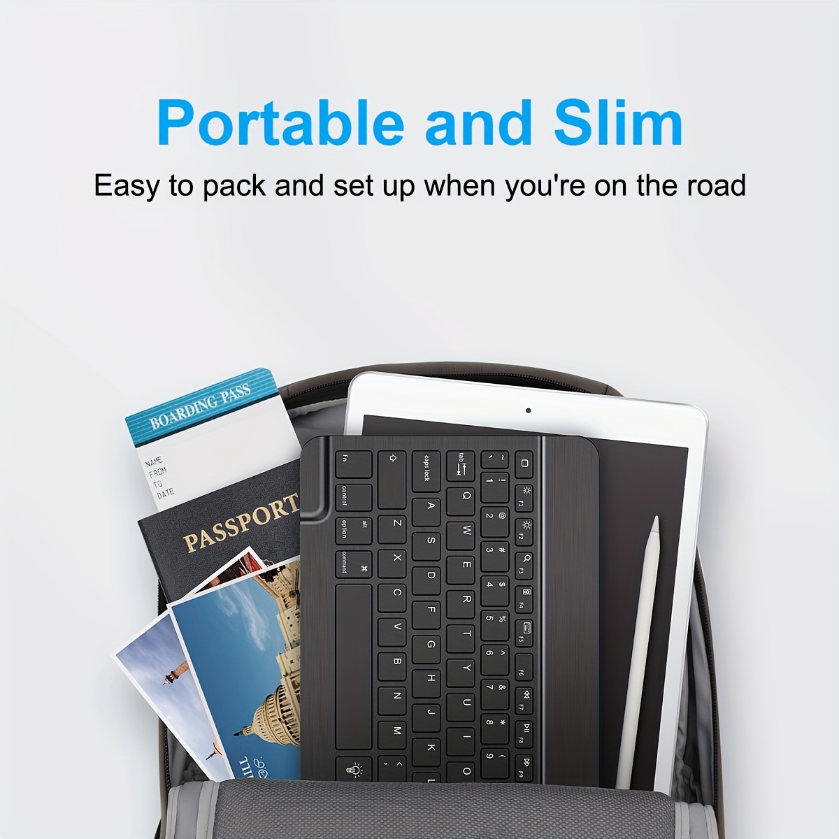 Front view of ultra-thin 10-inch wireless keyboard — compatible with iPad, iPhone, Samsung tablets