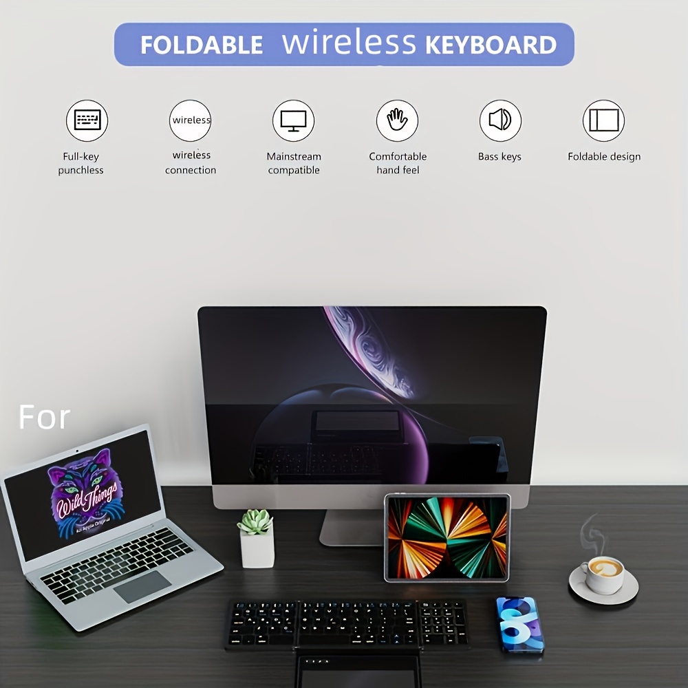 Full-size wireless keyboard with touchpad — folded vs. unfolded comparison
