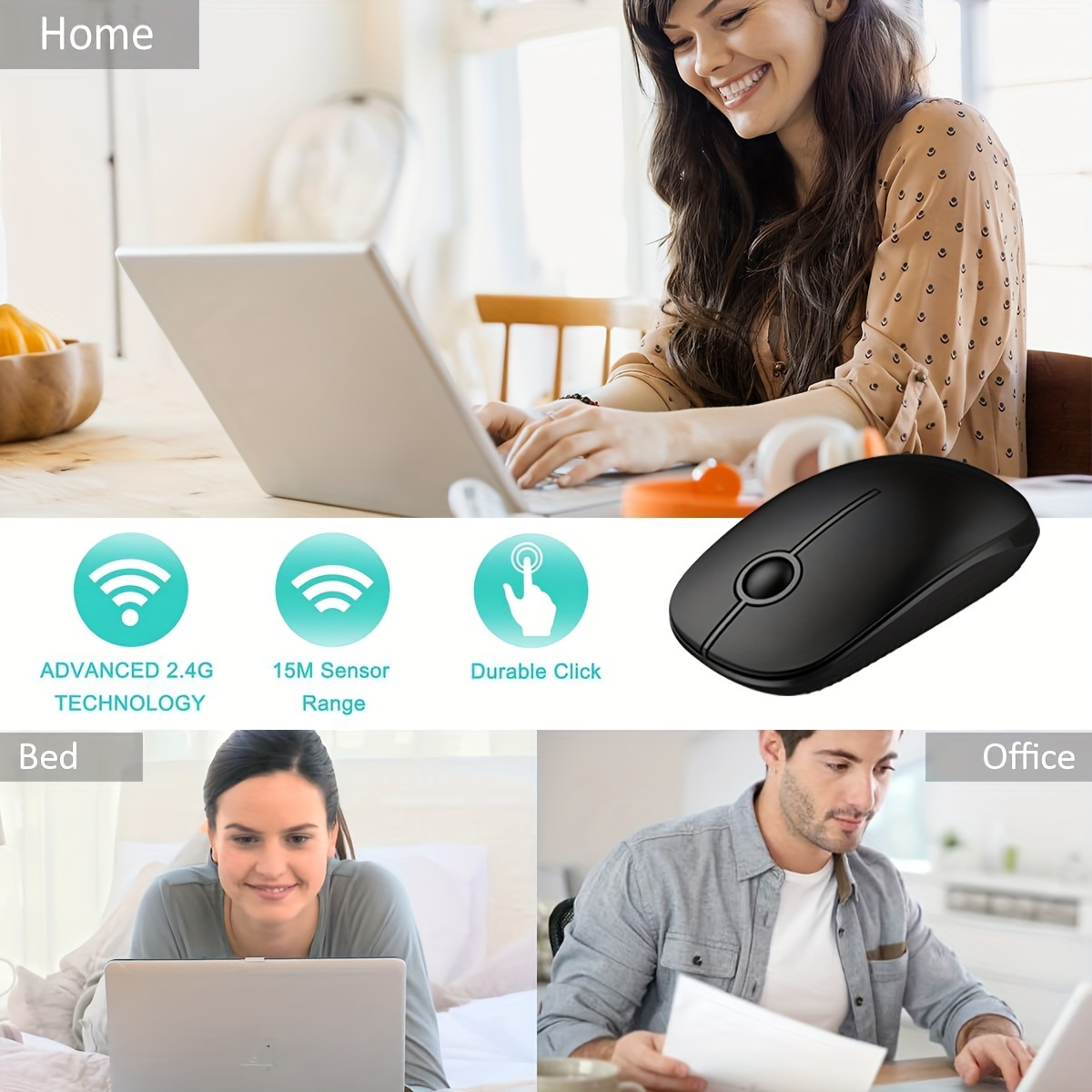 Front view of wireless portable mouse — highlighting slim profile and silent button design