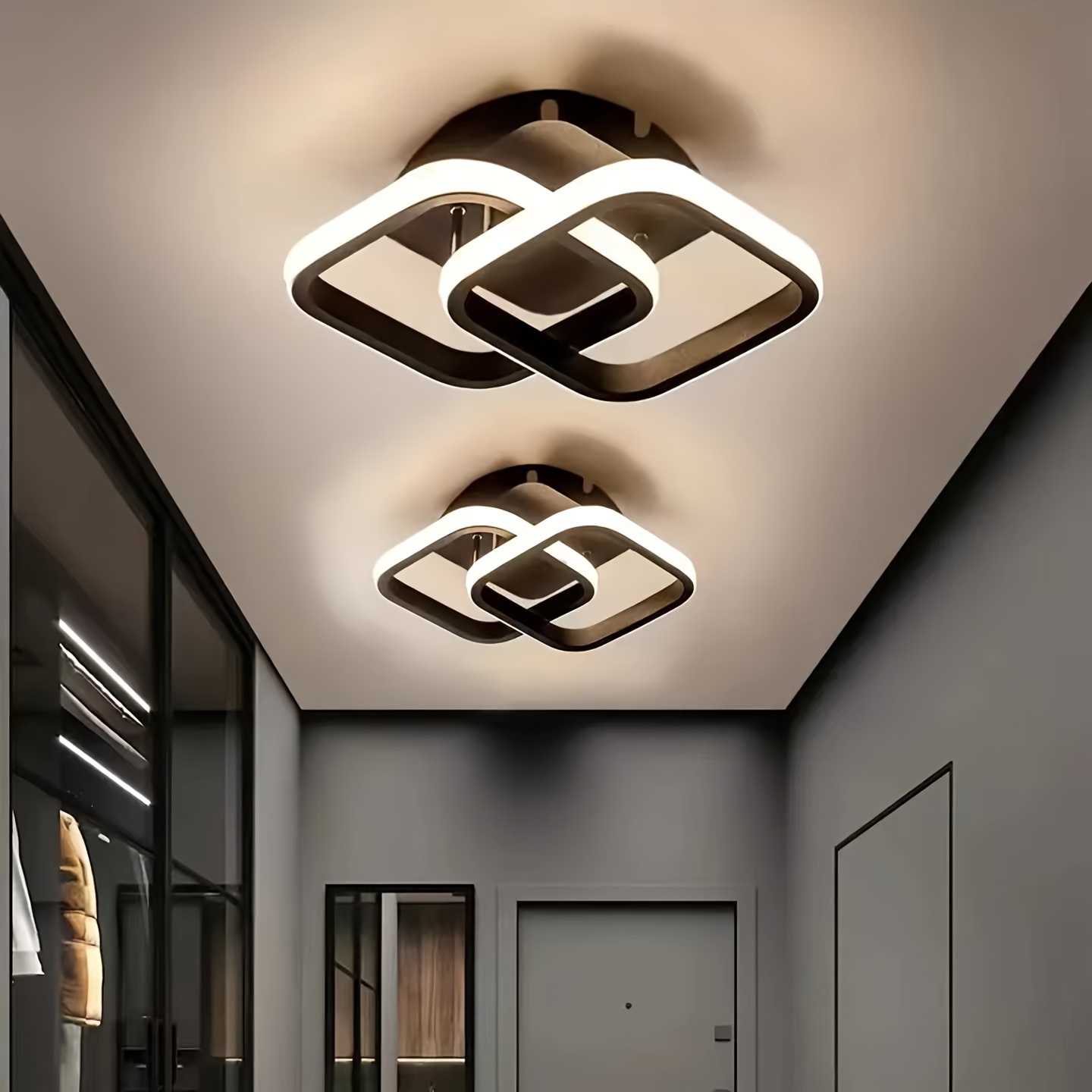 Square pendant light on white recessed ceiling — installation detail 0
