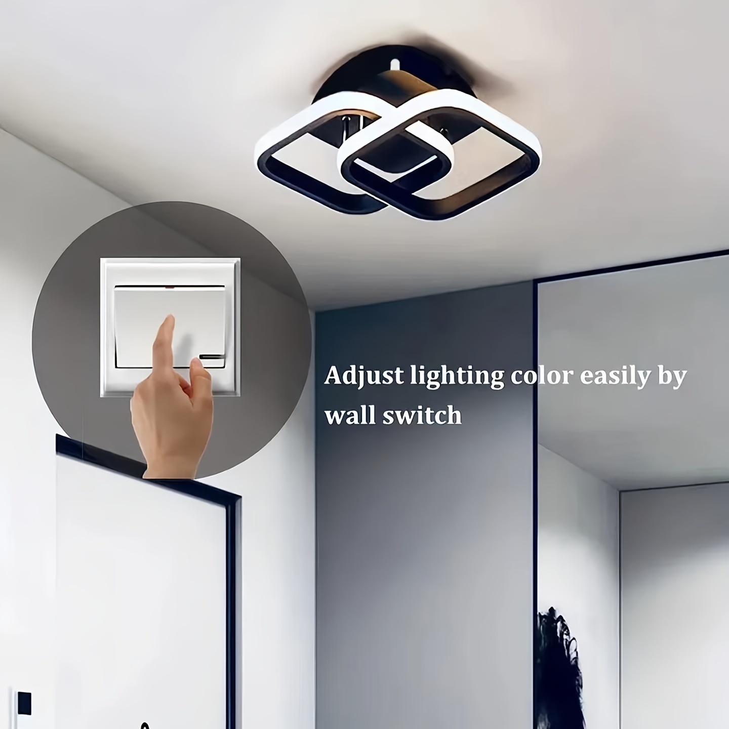 Square pendant light on white recessed ceiling — installation detail 1