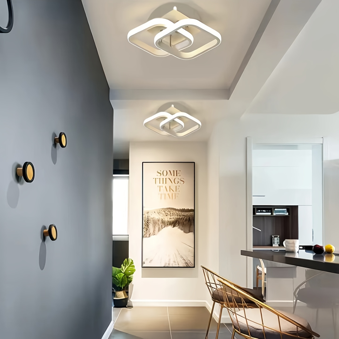 Square pendant light on white recessed ceiling — installation detail 2