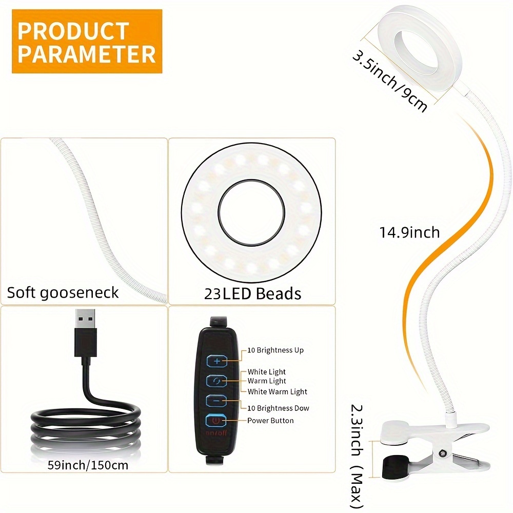 dimmable metal desk lamp with usb 23 led gooseneck clamp light with 3 and 10 settings for home office reading crafting computer work and video calls details 4