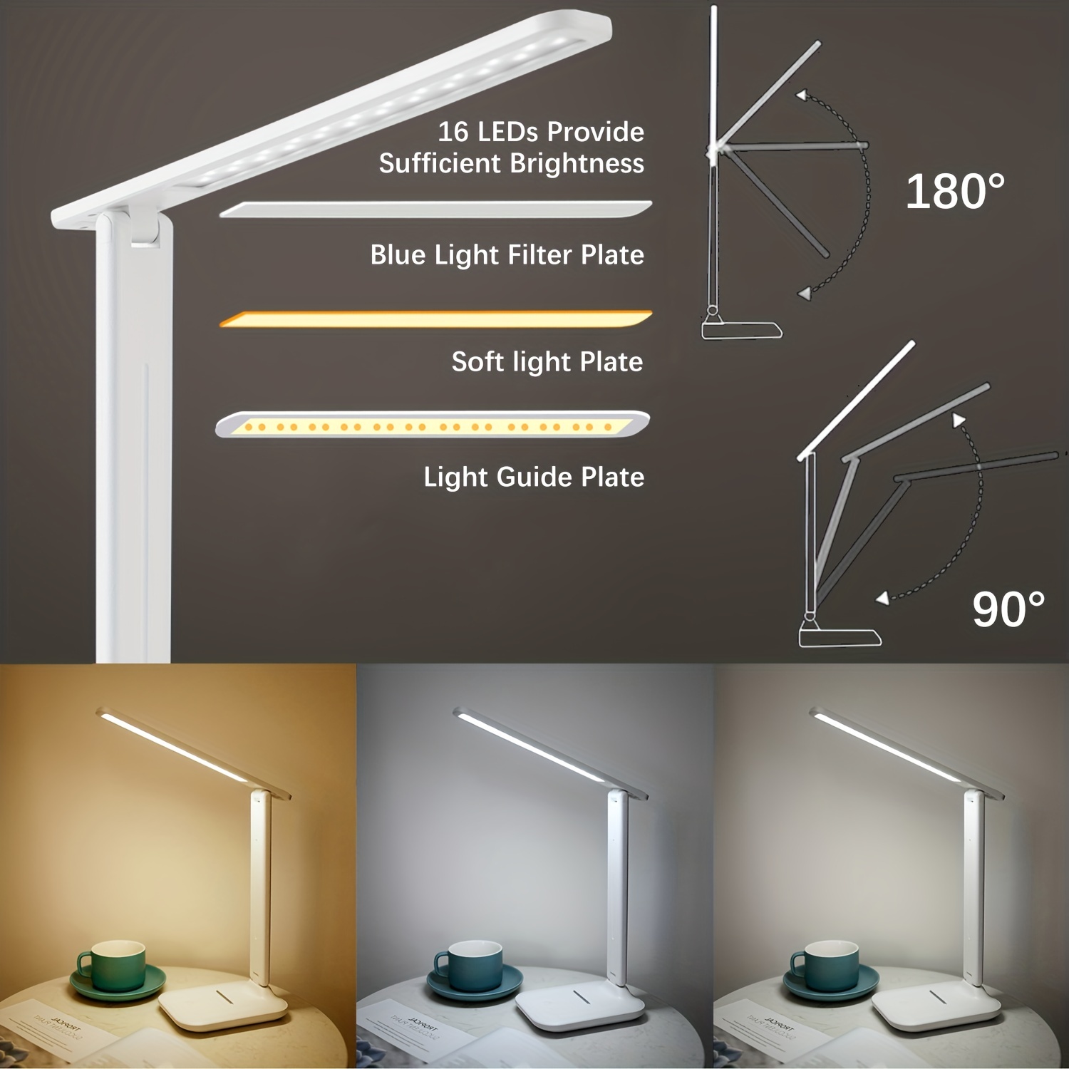 led desk lamp with reading lamp no flicker 3 color foldable table lamp eye reading light for office home usb interface details 3