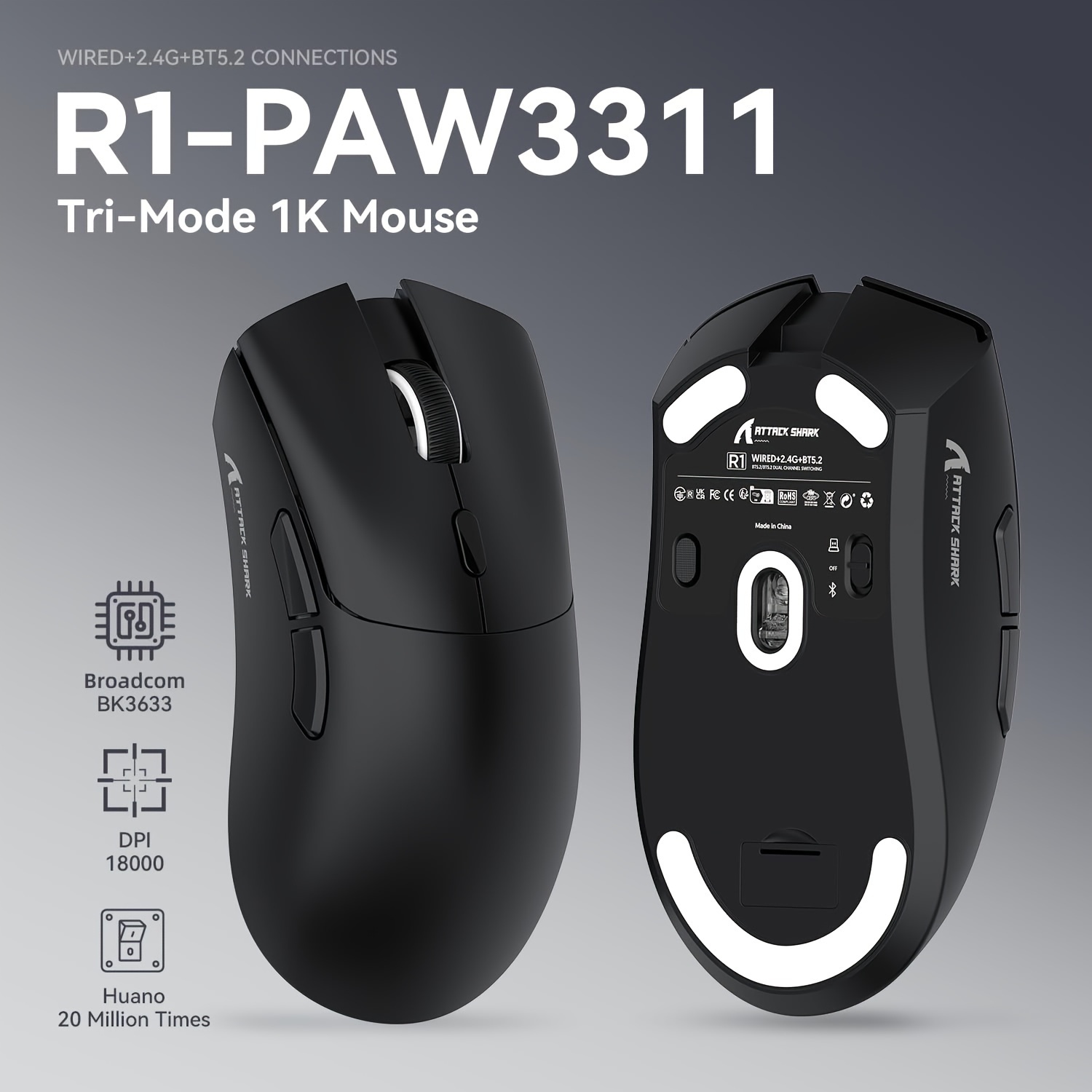 r1 wireless mouse with 59g lightweight tri mode bt5 2 2 4ghz wired computer mouse paw3311 dpi optical sensor 7 programmable buttons long mouse for pc details 0
